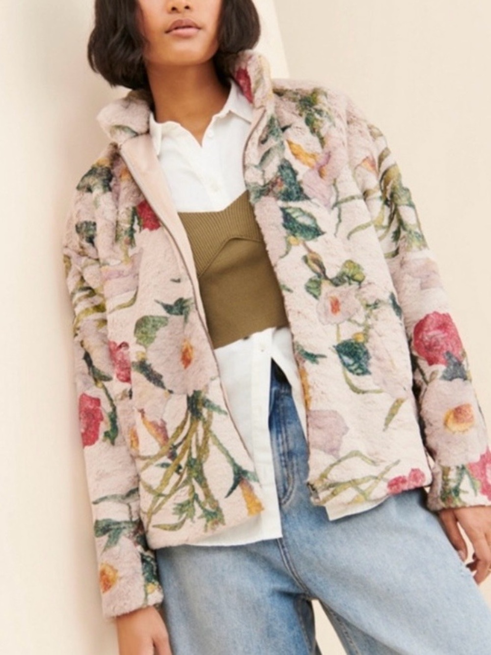 Hutch Anthropologie Florita Faux Fur Floral Zip Up Coat